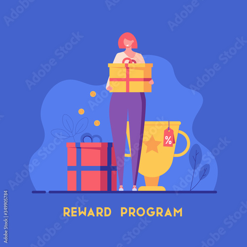 Happy customer holds gift box. Reward program with gifts. Concept of shopping, loyalty program, payment credit card, discount. Vector illustration for UI, web banner, mobile app
