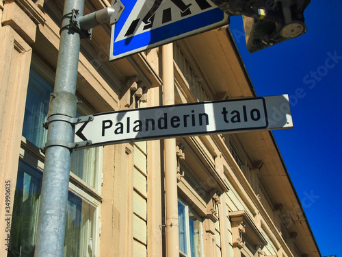 A sign marking the palanderin talo museum in the Himenlinna region of Finland photo