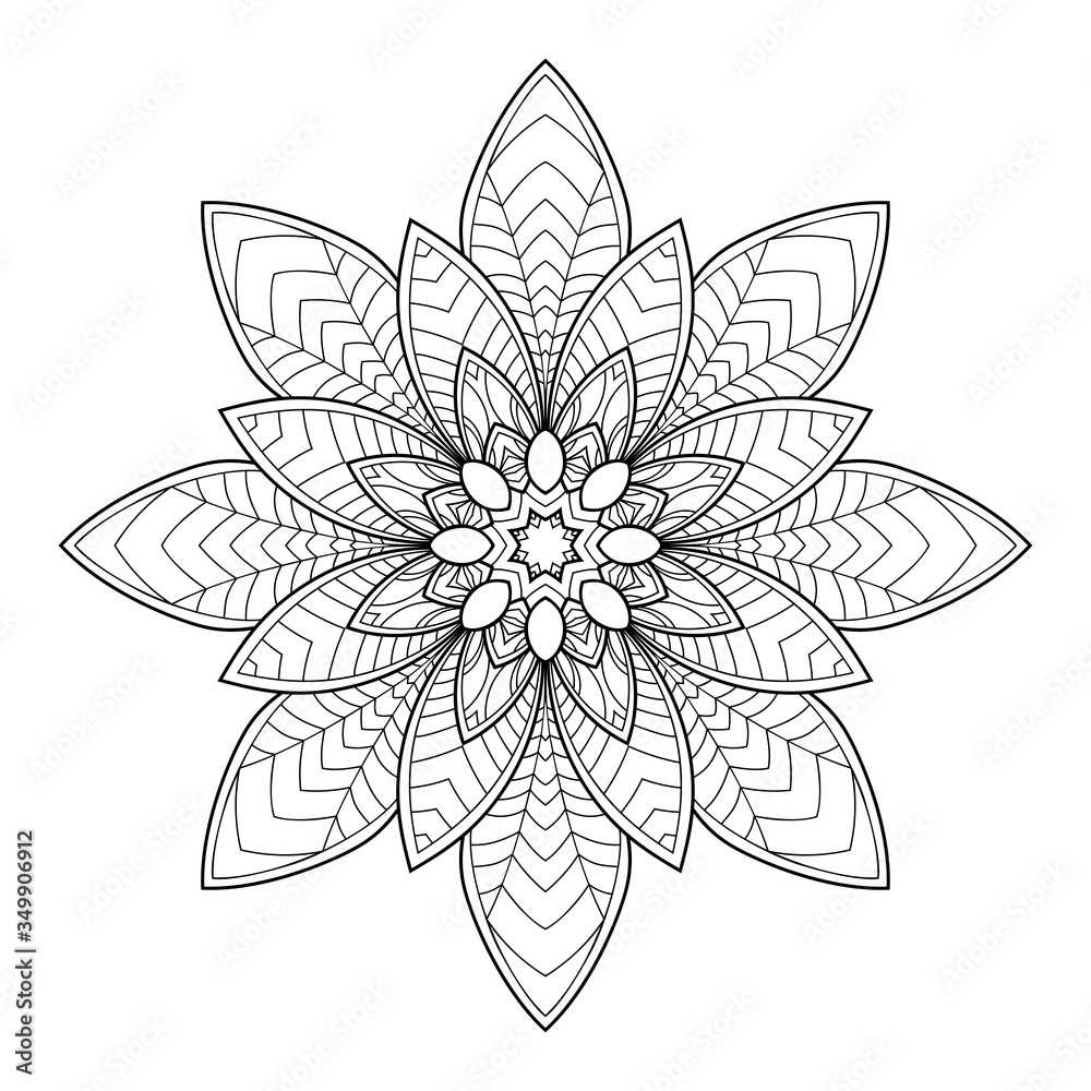 Round abstract leaf mandala with floral elements on white isolated background. Good for coloring book pages. Round abstract leaf mandala with floral elements on white isolated background. Good for coloring book pages.