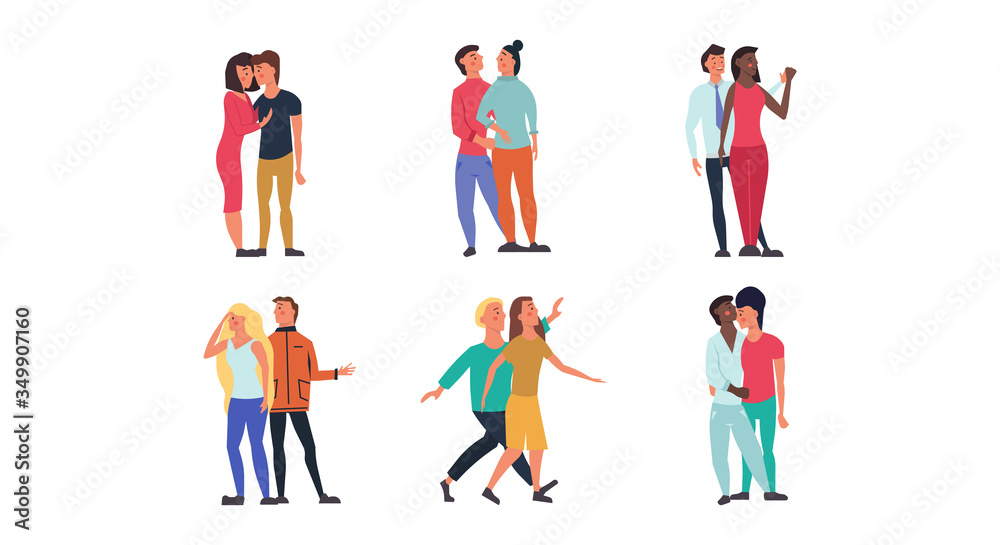 Couple walking together people love illustration vector. Two man and woman character happy romantic family set. Cute lifestyle boyfriend and girlfriend figure. Pretty smile human group concept