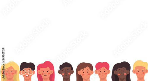 Child peep out cartoon isolated white background with people boy and girl illustration. Happy kid smiling cute banner in line. Friend surprise funny looking art. Cheerful teenager character head