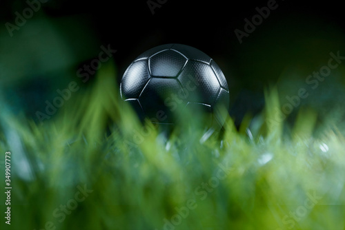 Black soccer ball on the green football ground