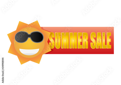 Cartel de oferta de verano con un sol con gafas de sol.