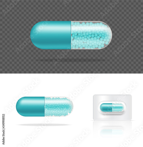 Mock up Realistic Transparent Pill Medicine Capsule Panel on White Background Vector Illustration. Tablets Medical and Health Concept.
