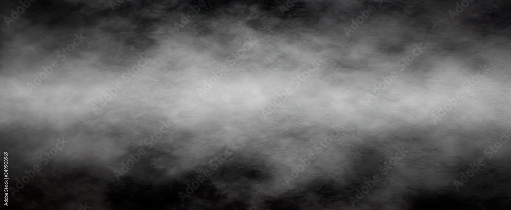 Panoramic view of the abstract fog or smoke move on black background. White cloudiness, mist or smog background.
