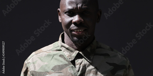 Soldier Portrait Face, Black African Man wearing camouflage uniform
