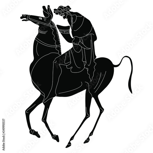 Ancient Greek rider. God Dionysus riding a horse and holding rhyton of wine. Black and white silhouette.