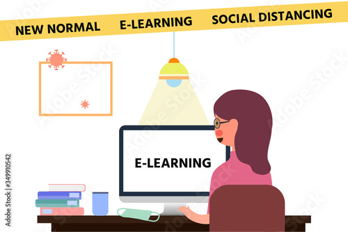 Young girl quarantined at home, pink cheeked character online education and e-learning 