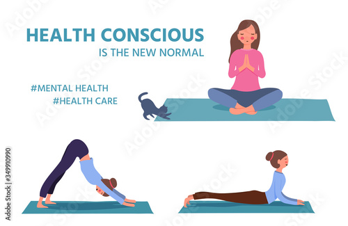Teenage girl practices yoga , Home fitness, Health conscious, Cute character meditate, vector illustration flat style