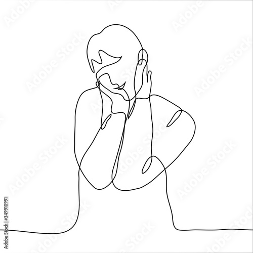The young man put his palms to his face, he is moved and fascinated, in love and touched by something or someone. One continuous line drawing kawaii concept