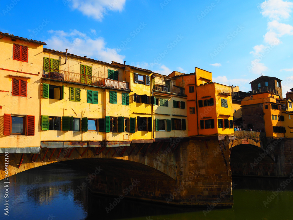 View of the Ponte Vecchio bridge. It is a medieval bridge over the Arno River, in Florence, Italy.