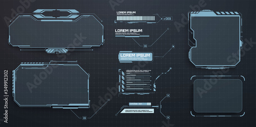 Techno frame, interface. Virtual grid display ui hologram user interface. Callouts titles and HUD elements. Futuristic callout bar labels, box modern digital info boxes layout templates. HUD, UI, GUI