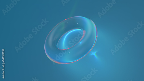 ..3d render of glass shape with realistic caustics on blue background.  Light refraction effect. photo