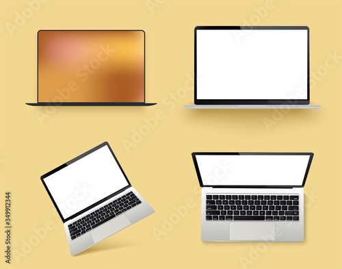 Modern premium laptop  mockup on yellow background. High quality sign and symbol icon. Laptop fully opened, partially opened and closed screen