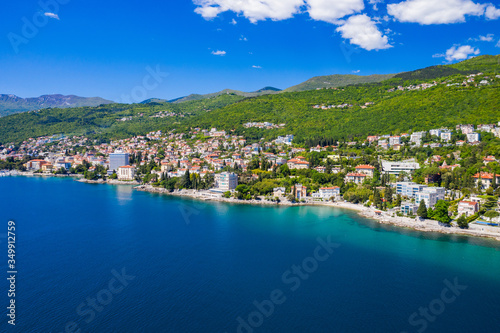 Croatia, beautiful Opacija riviera on Adriatic coast, aerial panoramic view in Kvarner bay coastline