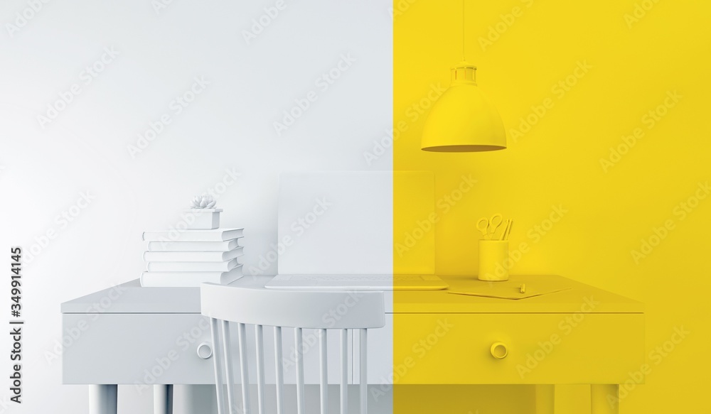 Concept of a freelancer's workplace. White workplace with a yellow part. Background for a banner or brochure. 3D rendering. Concept of a freelancer's workplace. White workplace with a yellow part. Background for a banner or brochure. 3D rendering.