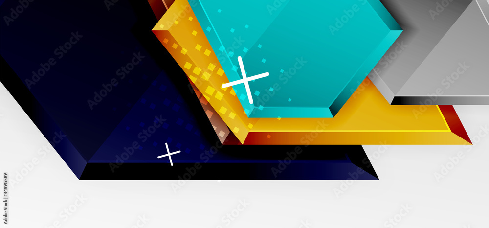 Metal glossy shiny geometric shapes with 3d effect composition. Techno futuristic vector abstract background For Wallpaper, Banner, Background, Card, Book Illustration, landing page