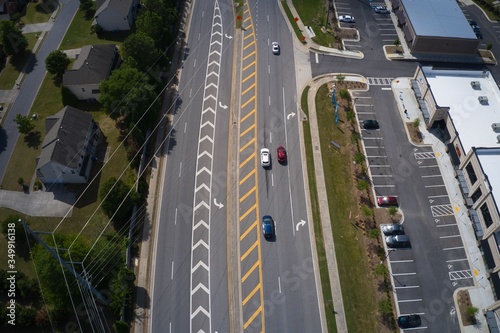 Aerial view of city traffic on a busy road in suburbs of Atlanta  GA