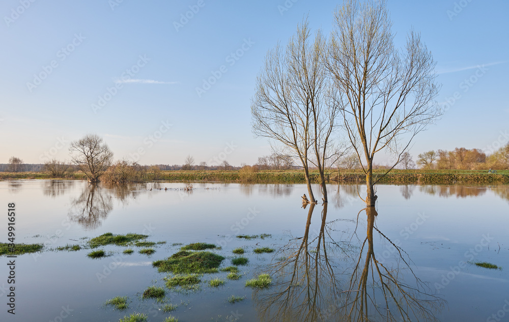 Spring landscape with a spilled river and flooded shores