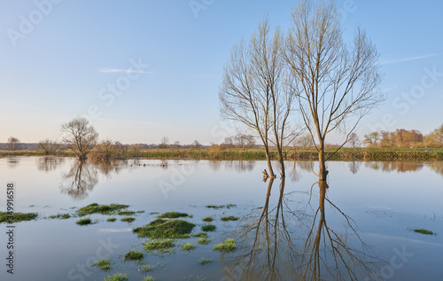 Spring landscape with a spilled river and flooded shores
