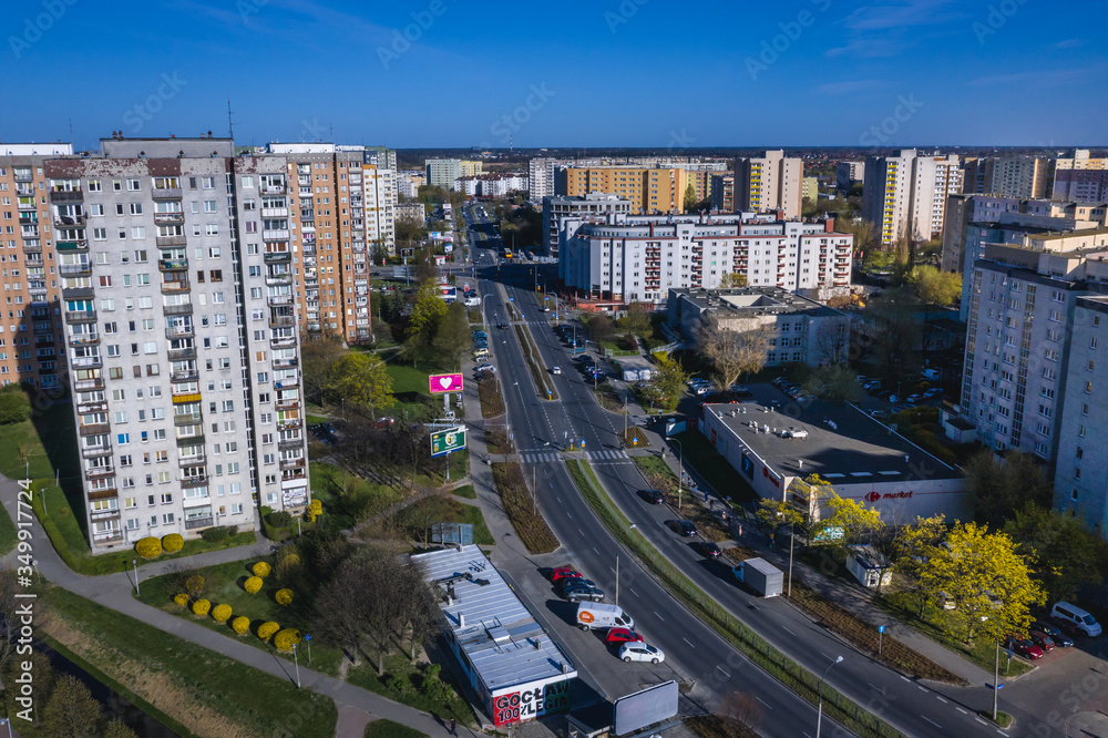 Obraz premium Drone view of Roman Abraham Street in Goclaw district od Warsaw city, Poland