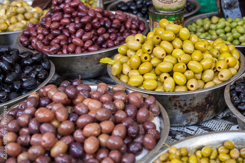 Green and black olives in the oriental market 