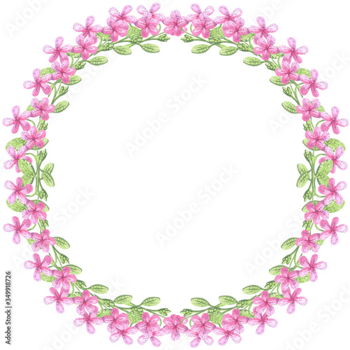 frame round pink flowers green leaves
