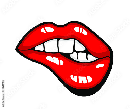 Vector woman lips icon illustration. Red female mouth shape with teeth. Beautiful kiss symbol with lipstick makeup for love poster, fashion banner, greeting card design
