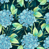 pattern of delicate blue hydrangeas on a dark background. bouquets of flowers illustration watercolor closeup.