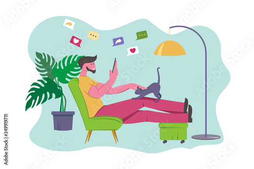 Referral marketing banner, man at home with smartphone.