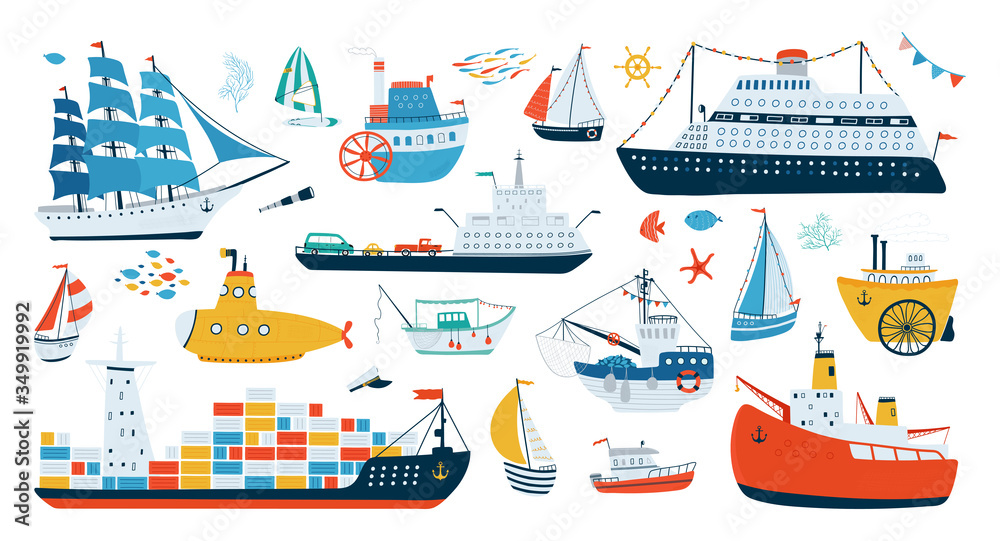 Collection various ships isolated on white background in a flat style. Water transport illustrations for design of children's rooms, clothing, textiles.Vector Collection various ships isolated on white background in a flat style. Water transport illustrations for design of children's rooms, clothing, textiles.Vector