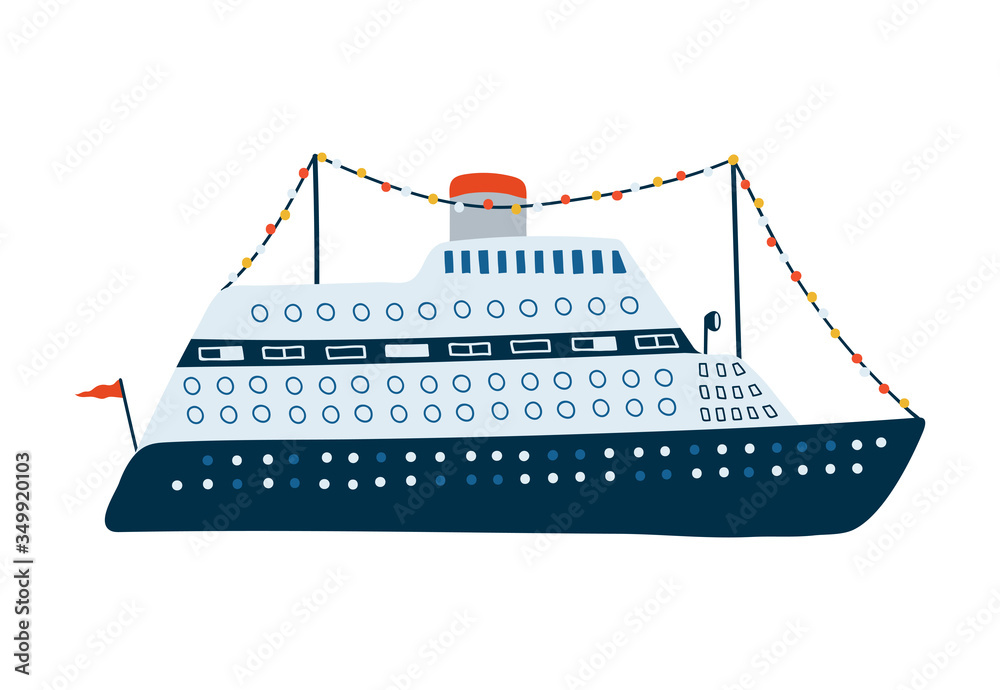 Cruise liner isolated on white background in a flat style. Children's illustration for design of children's rooms, clothing, textiles.Vector