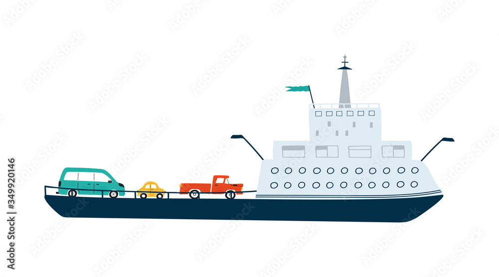 Fototapeta premium Ferry with cars isolated on white background in a flat style. Children's illustration for design of children's rooms, clothing, textiles. Vector