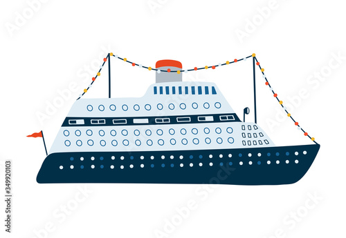 Cruise liner isolated on white background in a flat style. Children's illustration for design of children's rooms, clothing, textiles.Vector