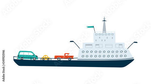 Ferry with cars isolated on white background in a flat style. Children's illustration for design of children's rooms, clothing, textiles. Vector