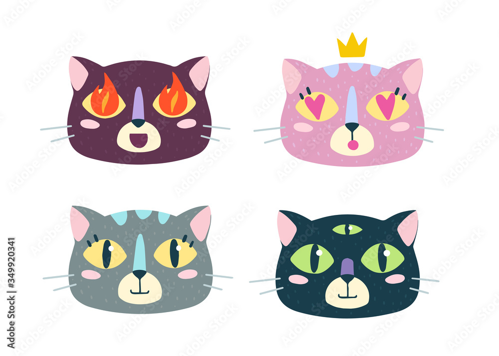 Bundle of cartoon animal muzzles, avatars, emoji: happy, smile, in love, passion, fire, amazement, supernatural. Cute funny cat