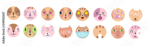 Big set of various vector highlight covers: favorites, new, FAQ, help, reviews. Cute funny cat face.