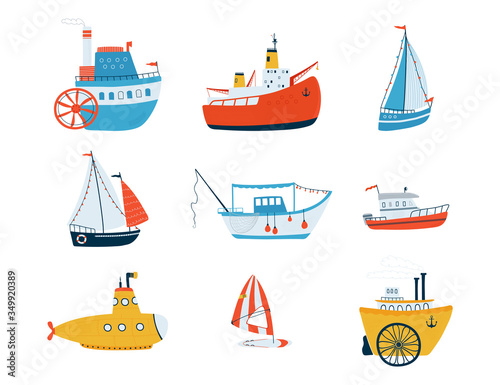 Collection cute ships isolated on white background in a flat style. Illustrations of water transport, sailboat, submarine, icebreaker, fishing boat, steamboat. Vector