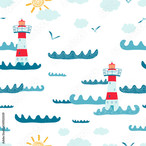 Children's seamless pattern with with seascape, lighthouse, Seagull on white background. Cute texture for kids room design, Wallpaper, textiles, wrapping paper, apparel. Vector illustration