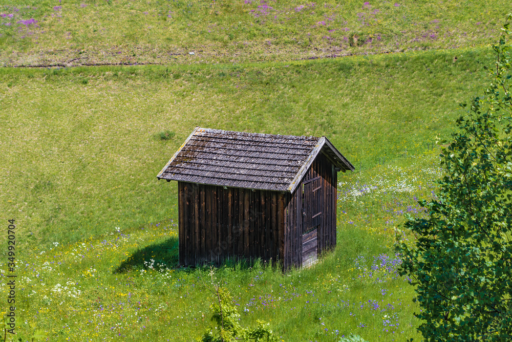 Obraz premium Heustadel in einer Blumenwiese im Frühling
