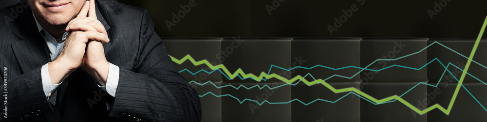 Obraz premium Businessman against row of crude oil barrels and chart on black background. Crude oil and petroleum industry concept