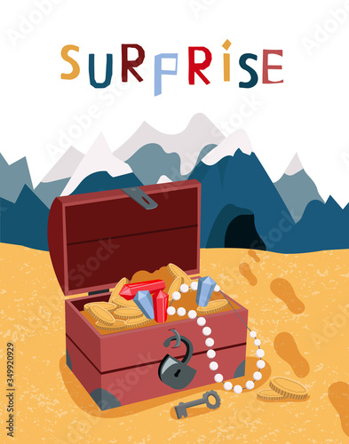 A treasure chest, coins, crystals, rubies, beads stands near the entrance to the cave. Mountains in the desert. Vector flat cartoon illustration. Travel and adventure concept, design of baby products.
