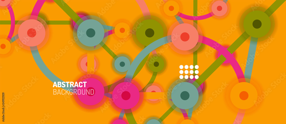 Flat style geometric abstract background, round dots or circle connections on color background. Technology network concept. Flat style geometric abstract background, round dots or circle connections on color background. Technology network concept.