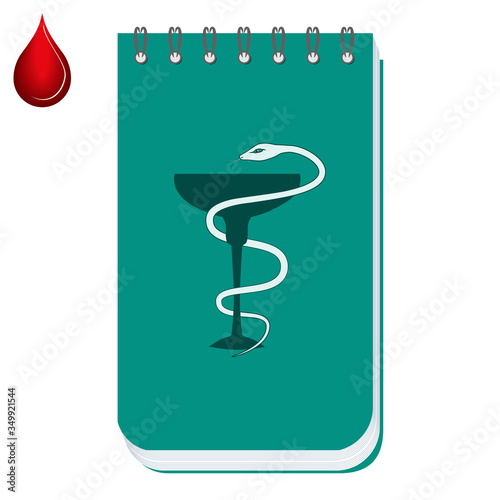 Notepad with medical sivol bowl with a snake - drop of blood - vector. Medicine concept. photo