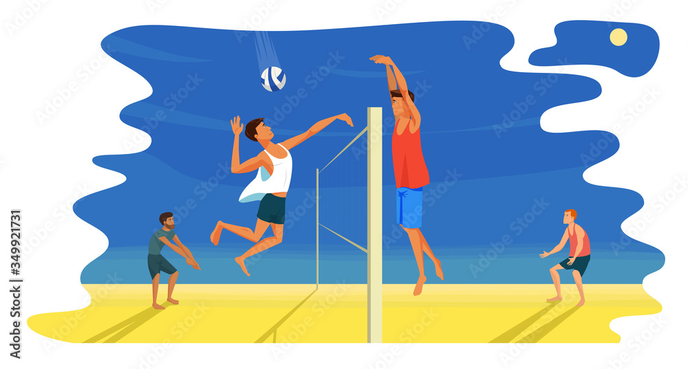 Beach volleyball game. Spiker attacks. A digger stands in a protective stance on bent knees. Player puts a block. Attack and defense. Competition between two teams. Side view flat design illustration