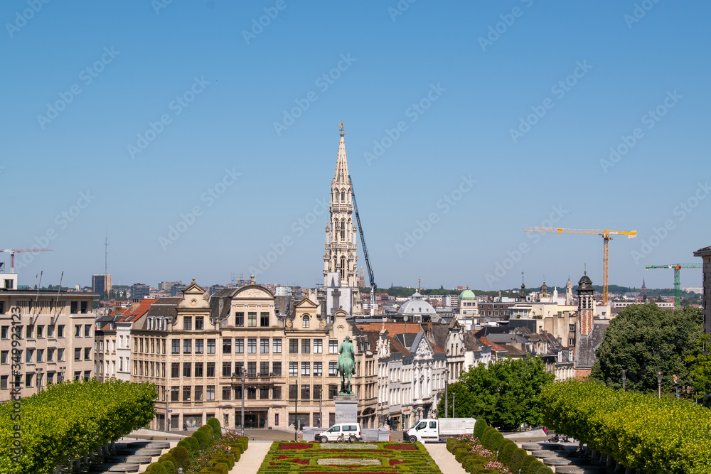 View from the top of the Mount of the Arts/Kunstberg/ Mont des Arts on the city center. The town hall is visible in the middle, Brussels Belgium