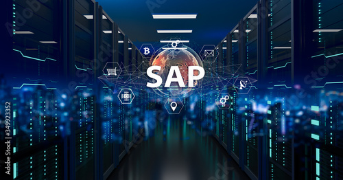 SAP - Business process automation software and management software (SAP). ERP enterprise resources planning system concept on virtual screen. photo