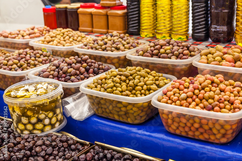 Green and black olives in the oriental market 