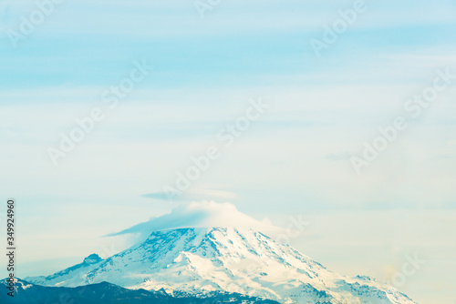 scenic view of top of mt Rainier National park with cloud cap from Seattle,Washington,usa.