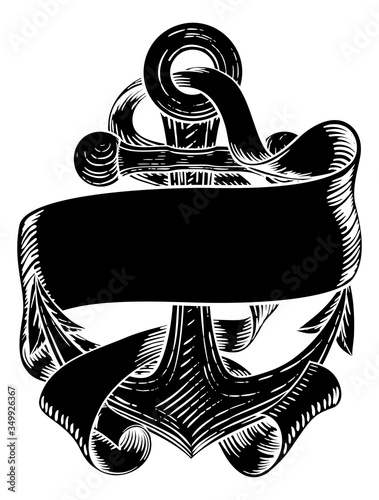 An anchor from a boat or ship with a banner scroll wrapped around it tattoo or retro style woodcut etching drawing in a vintage style
